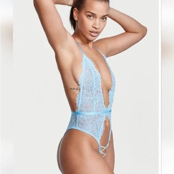 Victoria's Secret Other - Light Blue Lace Plunge Crotchless Teddy